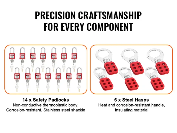 14 safety padlocks with stainless steel shackles, 6 steel hasps included in VEVOR lockout tagout kit.