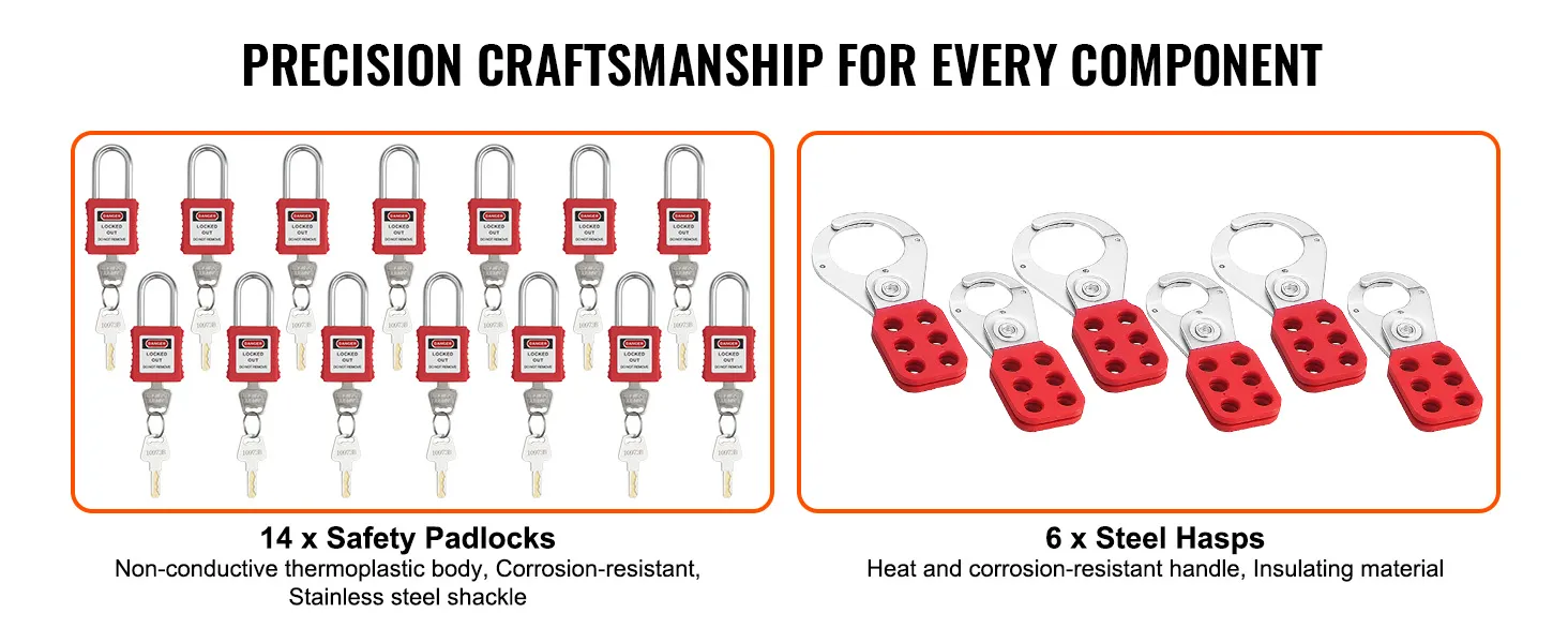 14 safety padlocks with stainless steel shackles, 6 steel hasps included in VEVOR lockout tagout kit.