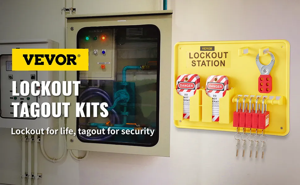 VEVOR lockout tagout kit setup with lockout station and panel in a safety environment.