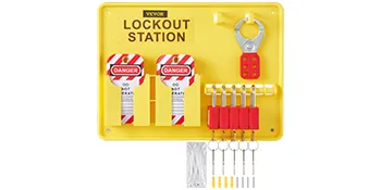 VEVOR lockout tagout kit in a yellow lockout station with danger tags, locks, and hasp.