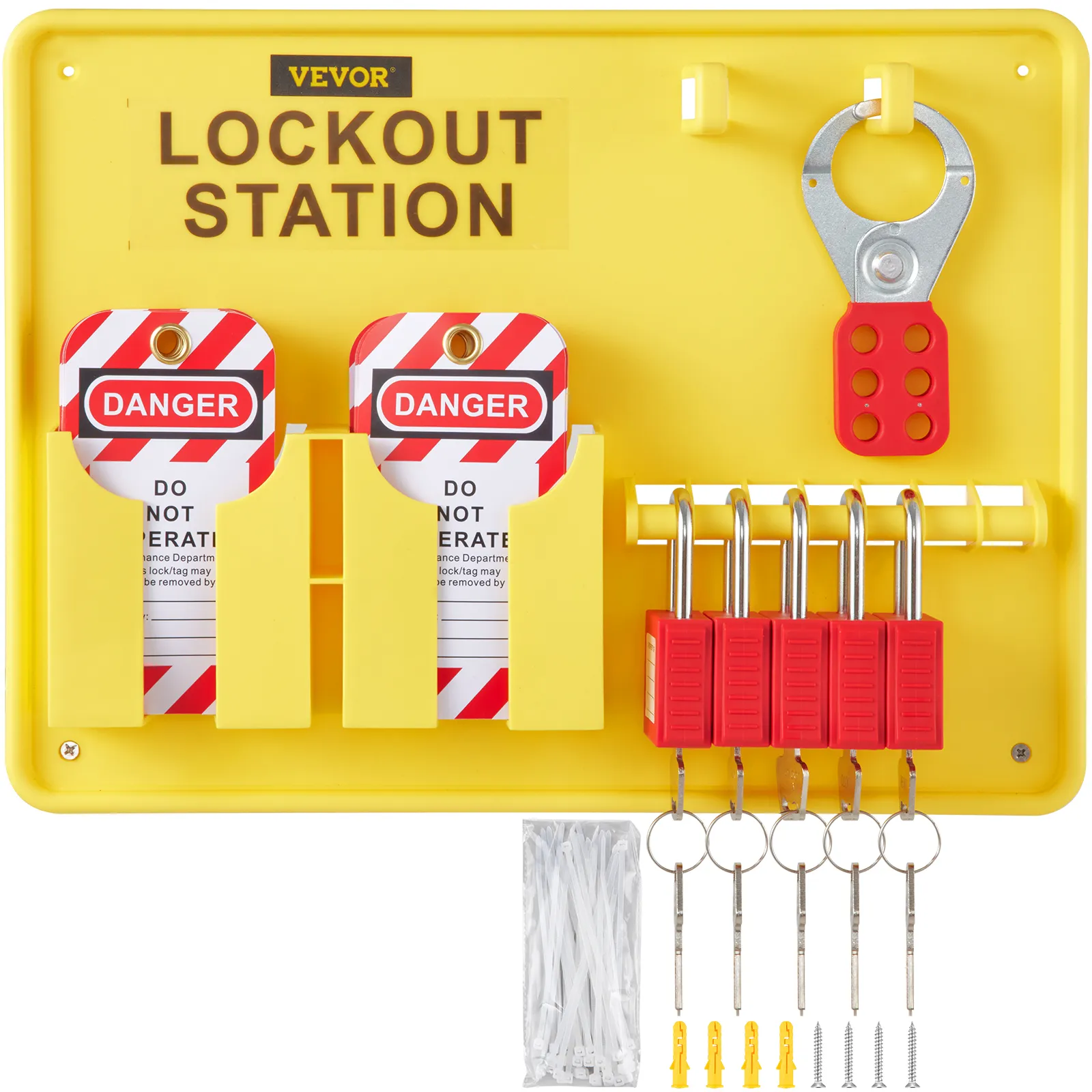 VEVOR lockout tagout kit with yellow lockout station, danger tags, red padlocks, and accessories.