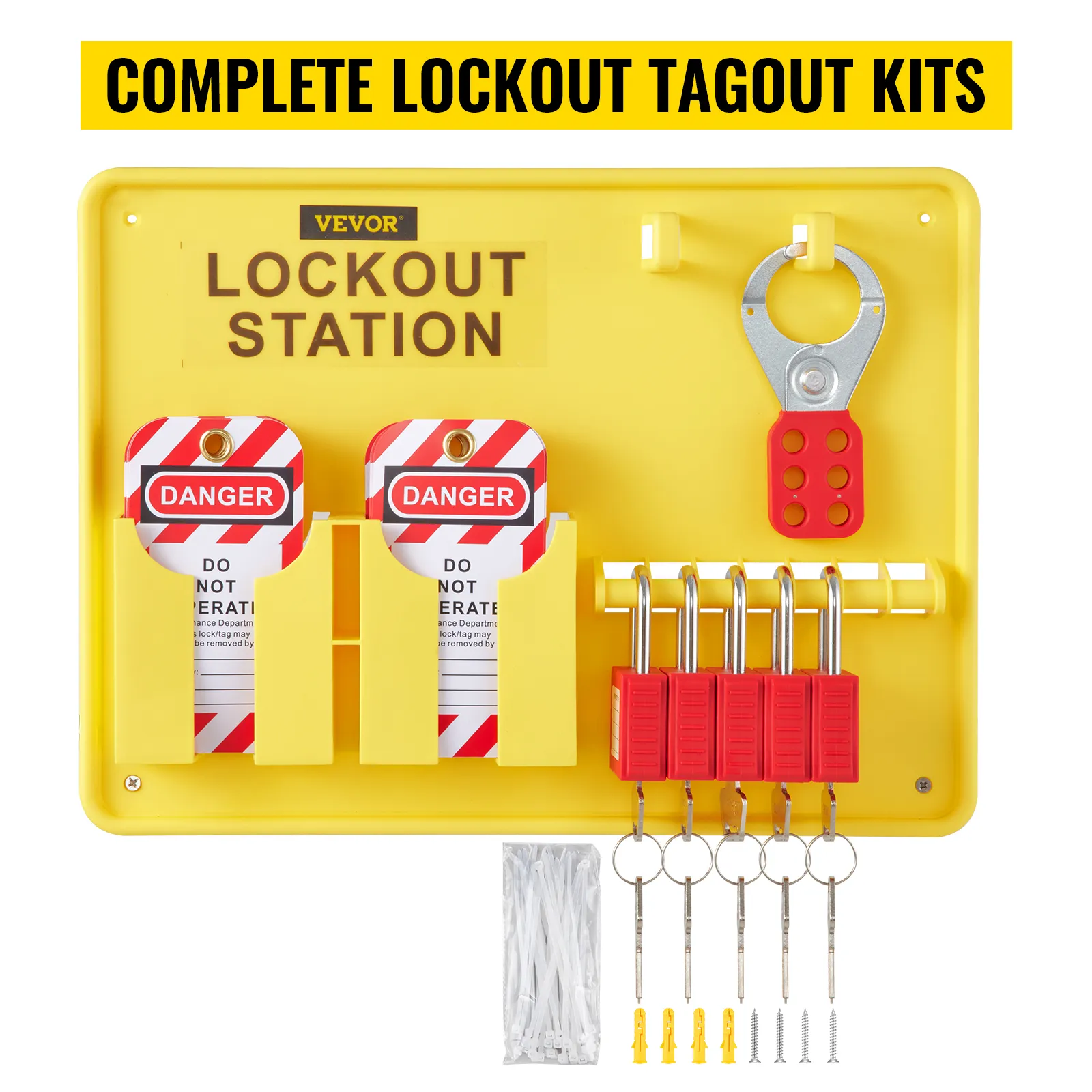 VEVOR lockout tagout kit with tags, padlocks, keys, and accessories on yellow lockout station