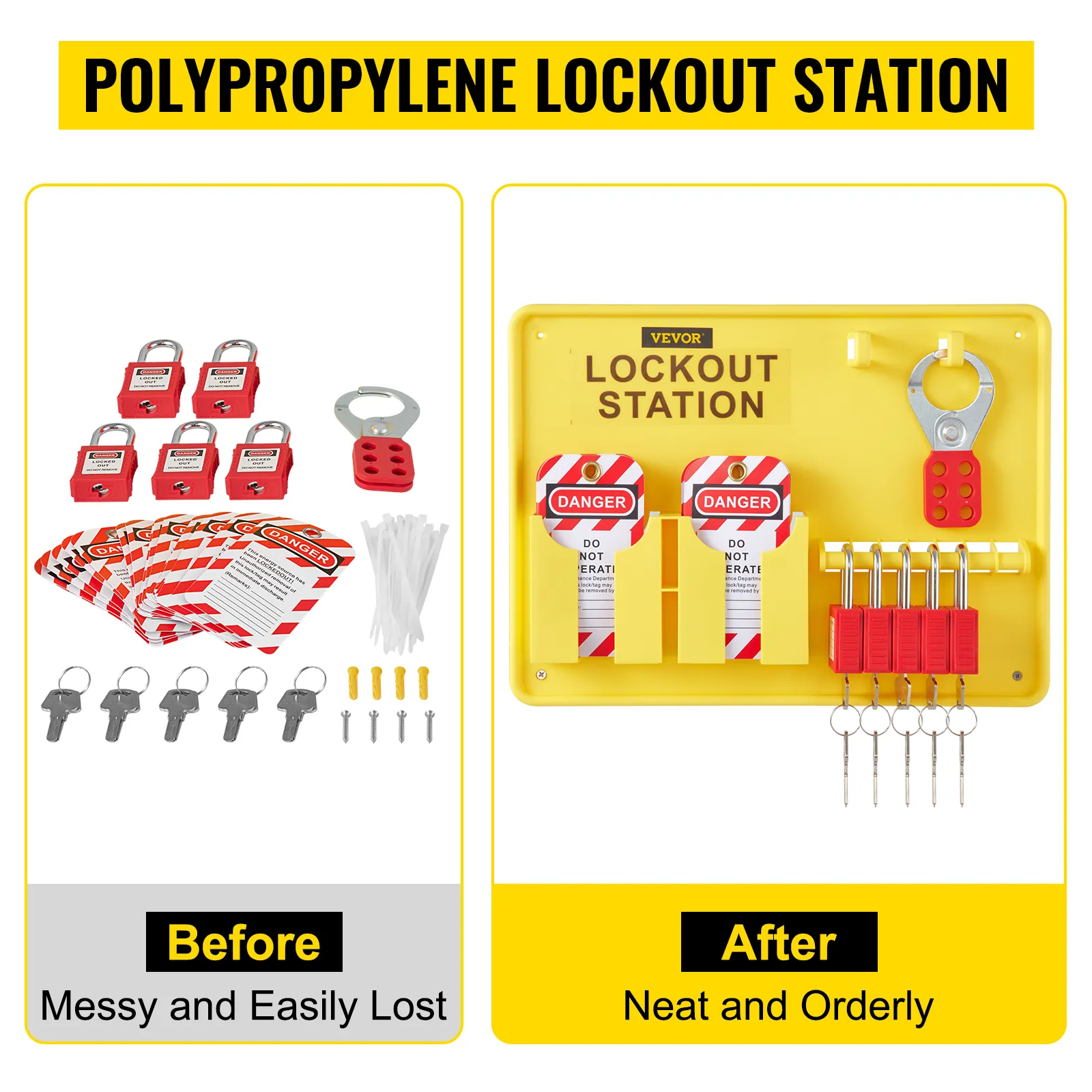 before and after organization of VEVOR lockout tagout kit with polypropylene lockout station.
