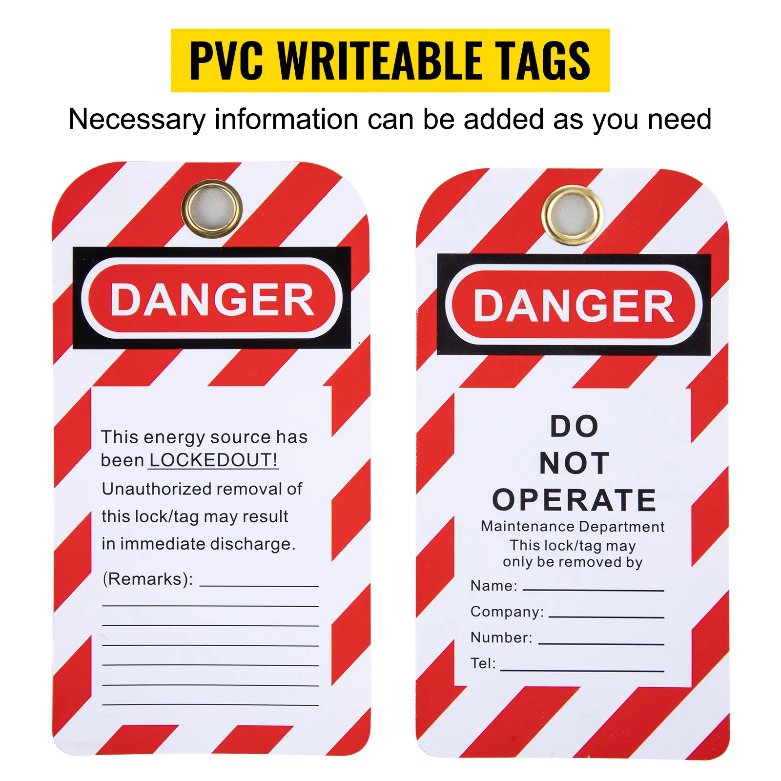 red and white striped danger tags with writeable sections from the VEVOR lockout tagout kit.