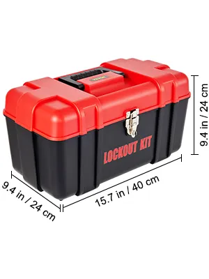 red and black VEVOR lockout tagout kits box with secure latch and dimensions: 15.7 in x 9.4 in.