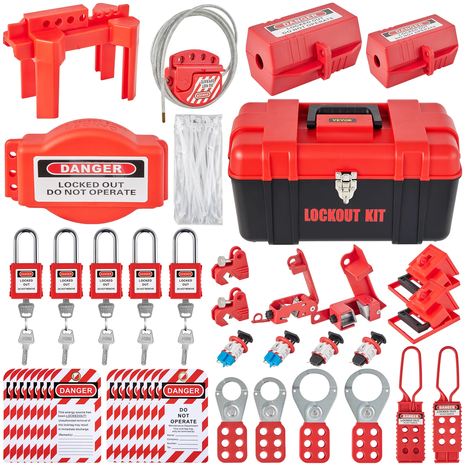 red and black VEVOR lockout tagout kits with locks, tags, and various safety components against a white background.