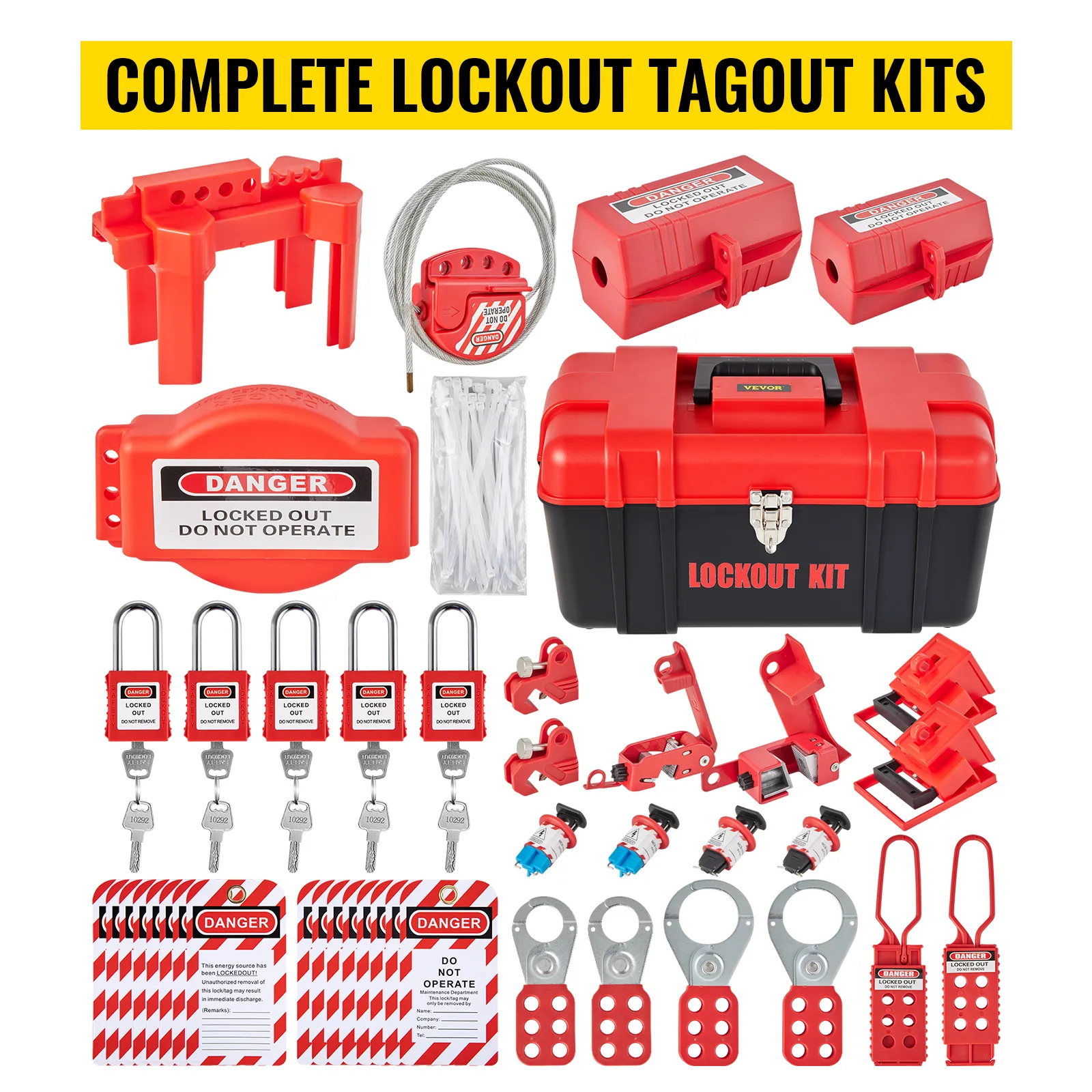 complete VEVOR lockout tagout kits featuring locks, tags, toolboxes, cable, and safety devices.