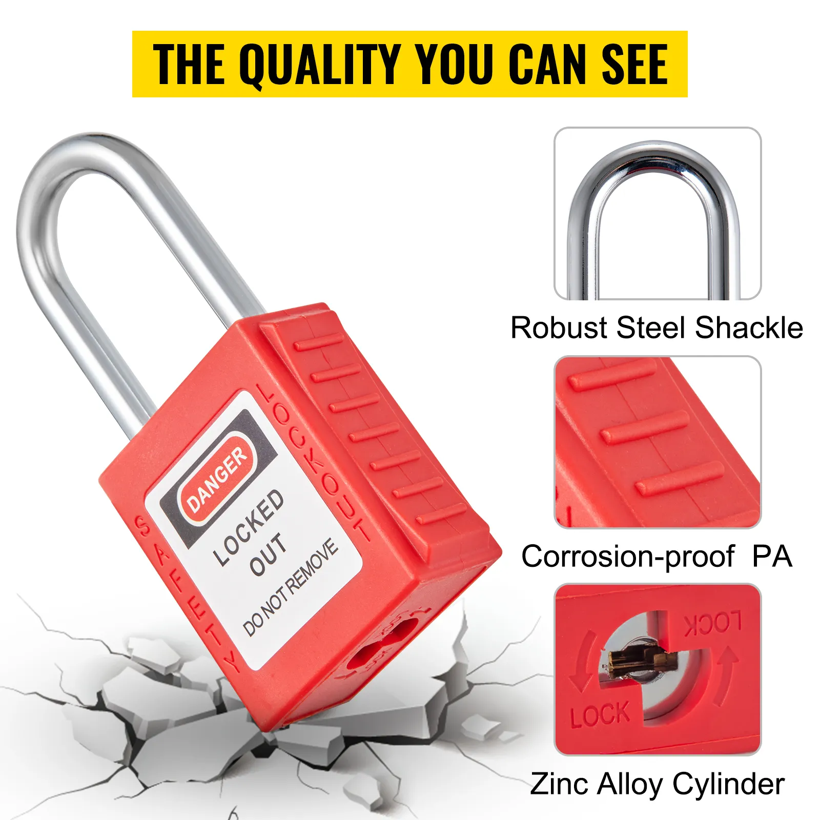 red lockout lock with steel shackle, corrosion-proof pa, and zinc alloy cylinder. VEVOR lockout tagout kits