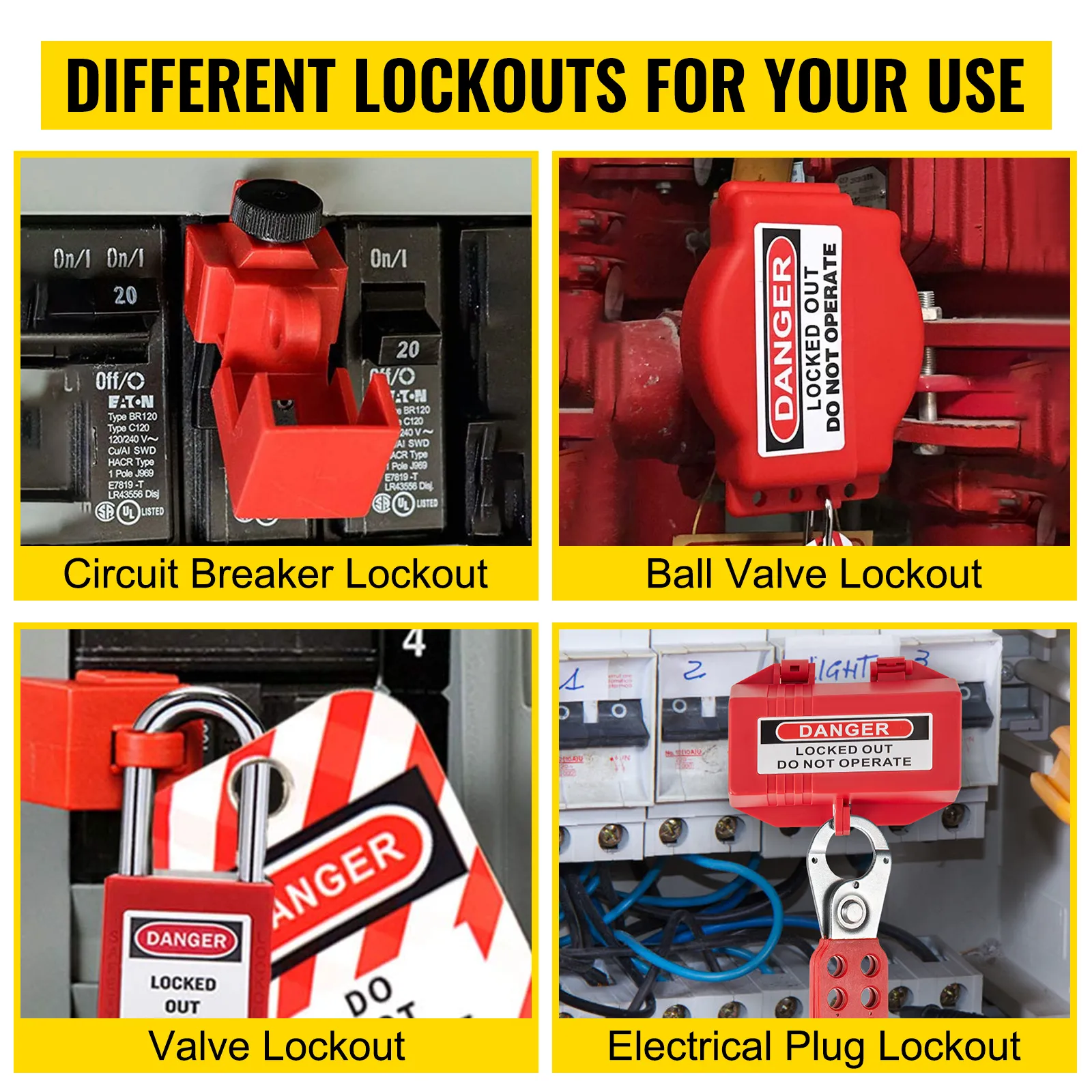 different VEVOR lockout tagout kits for circuit breakers, ball valves, valves, and electrical plugs.