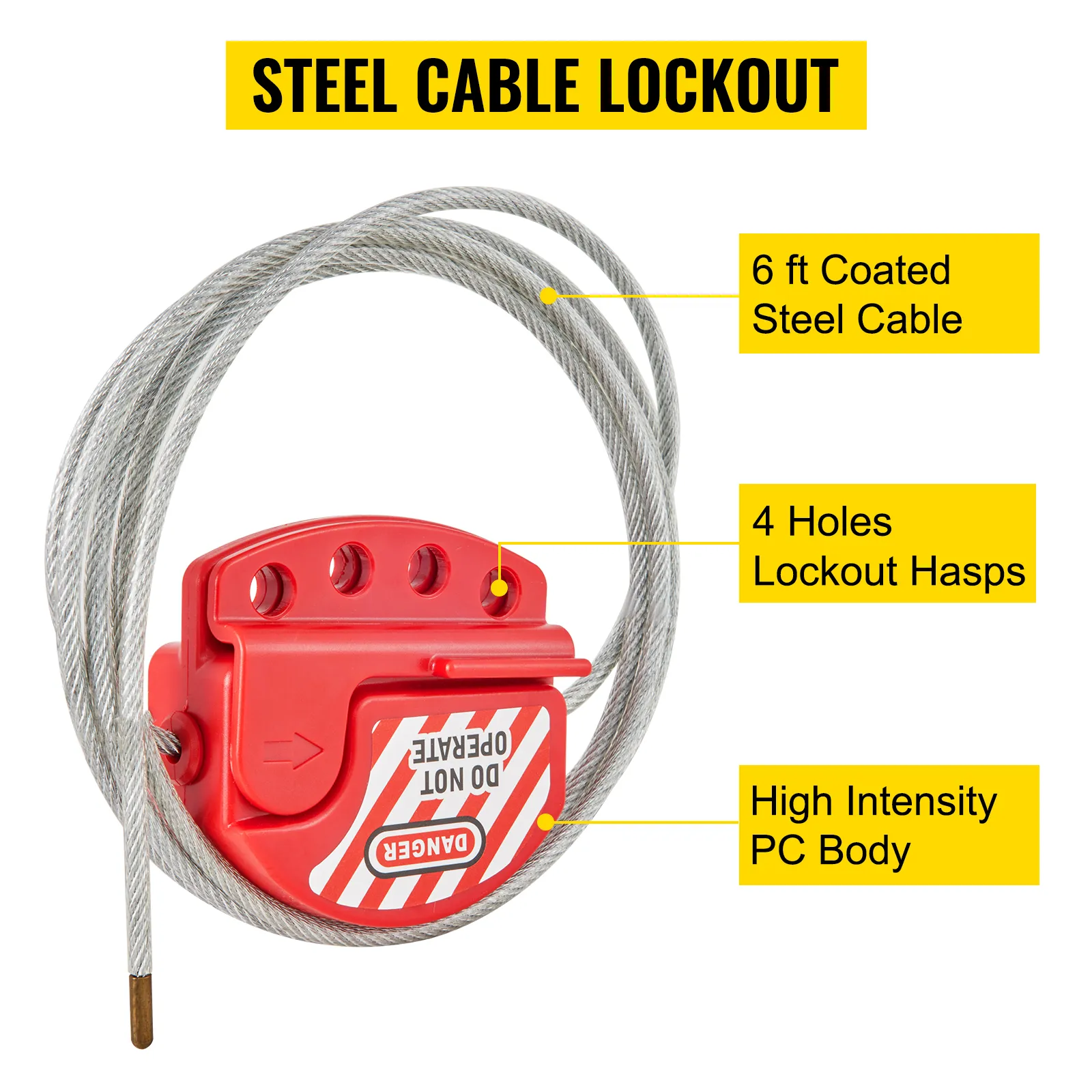 red lockout device with coated 6 ft steel cable, 4 lockout hasps, and high-intensity pc body. VEVOR lockout tagout kits.