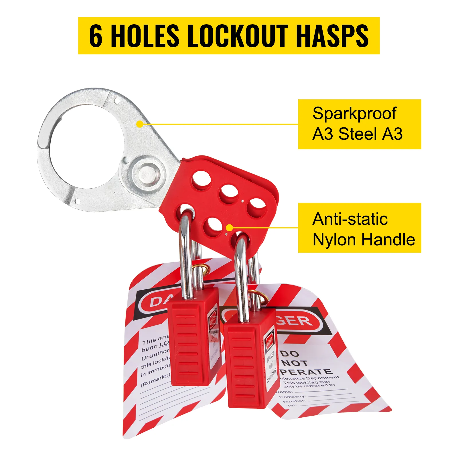 6 holes lockout hasps with sparkproof a3 steel and anti-static nylon handle from VEVOR lockout tagout kits.