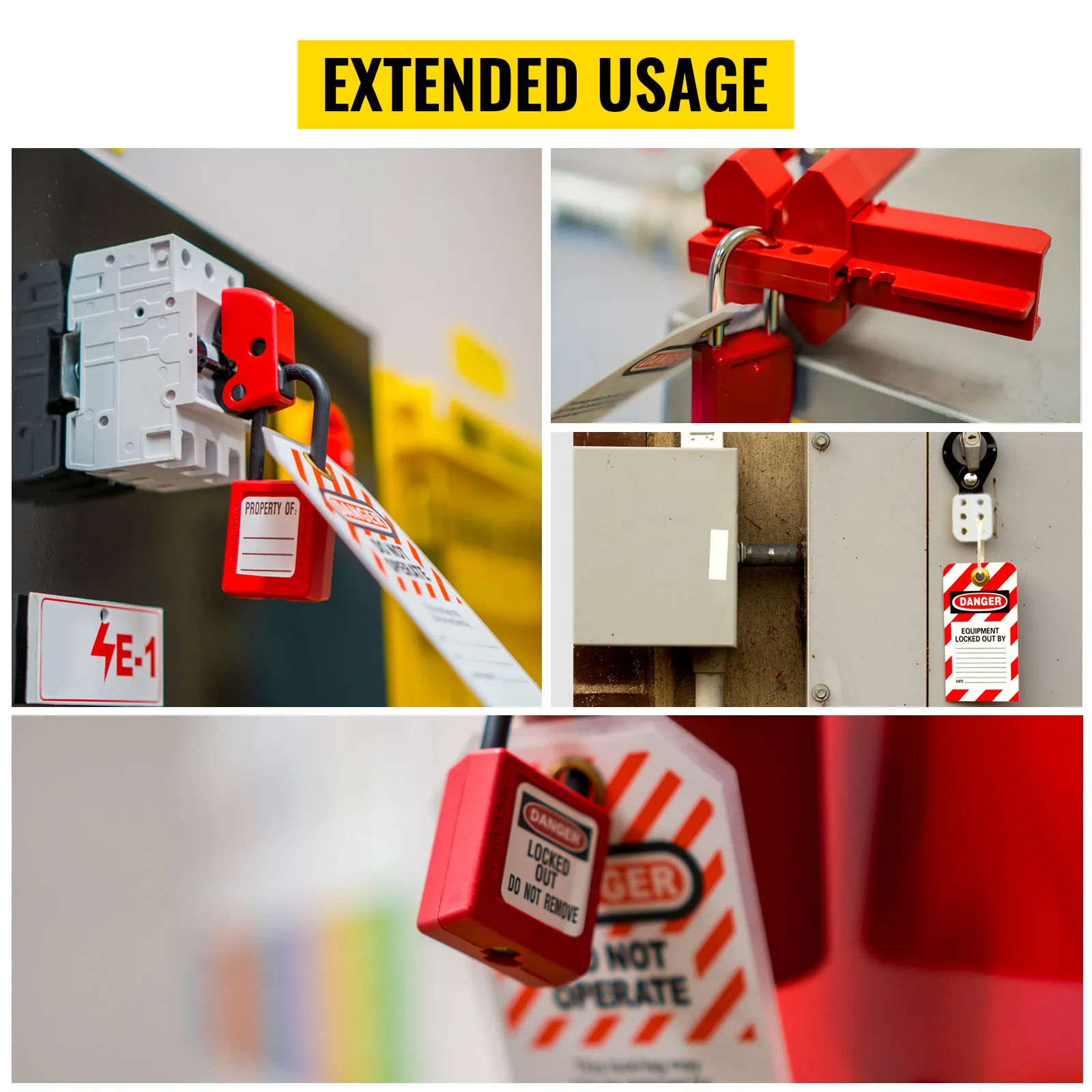 VEVOR lockout tagout kits in use, securing electrical panels with red padlocks and safety tags.
