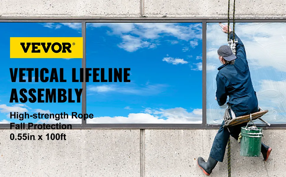 worker cleaning windows using VEVOR fall protection rope system, blue sky background.