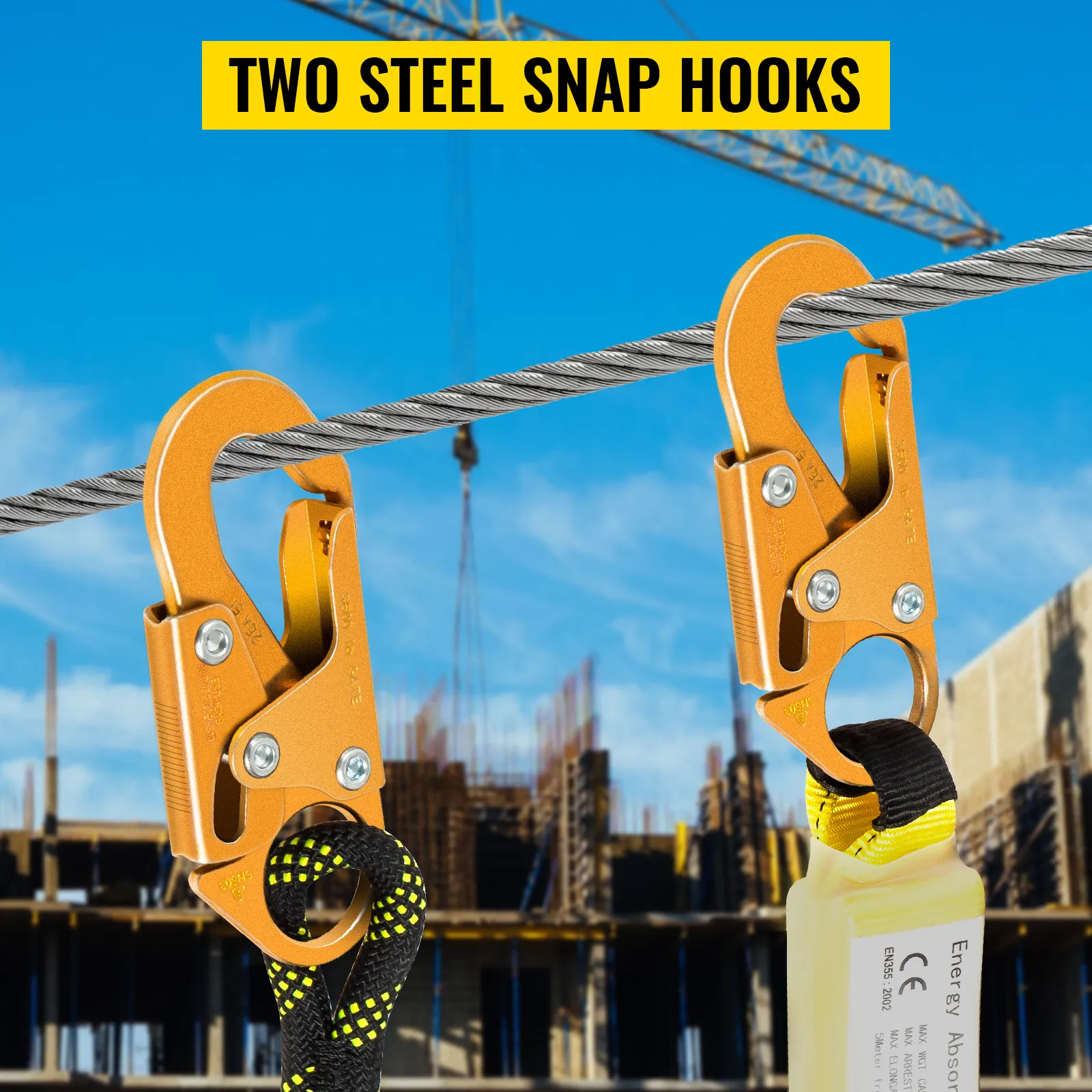 two steel snap hooks connected to a VEVOR fall protection rope on a construction site.