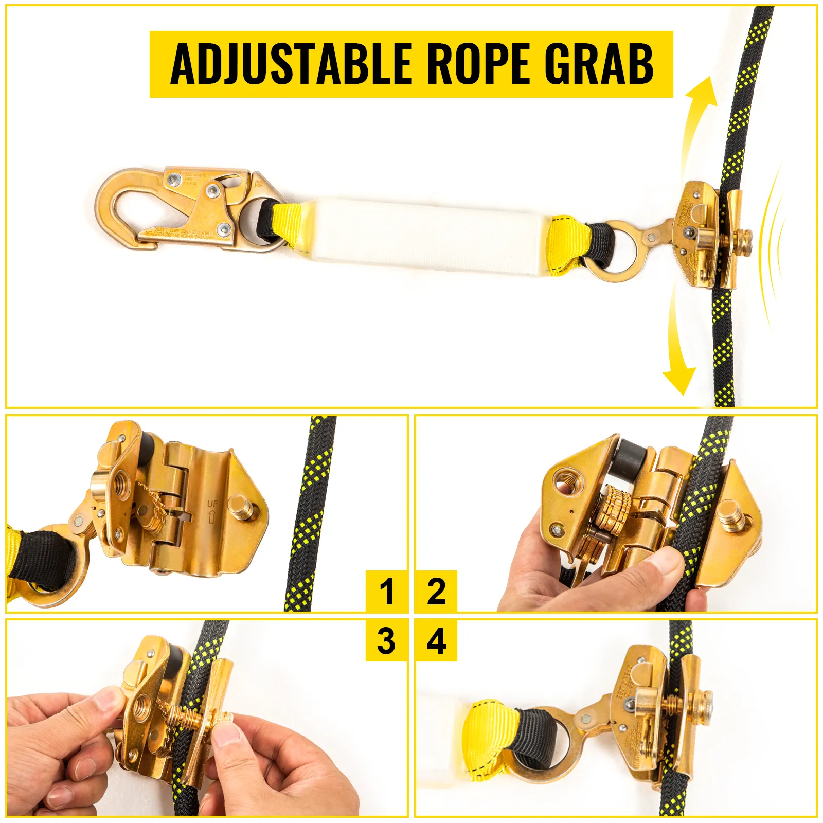 Demostración de agarre de cuerda ajustable con cuerda de protección contra caídas VEVOR.