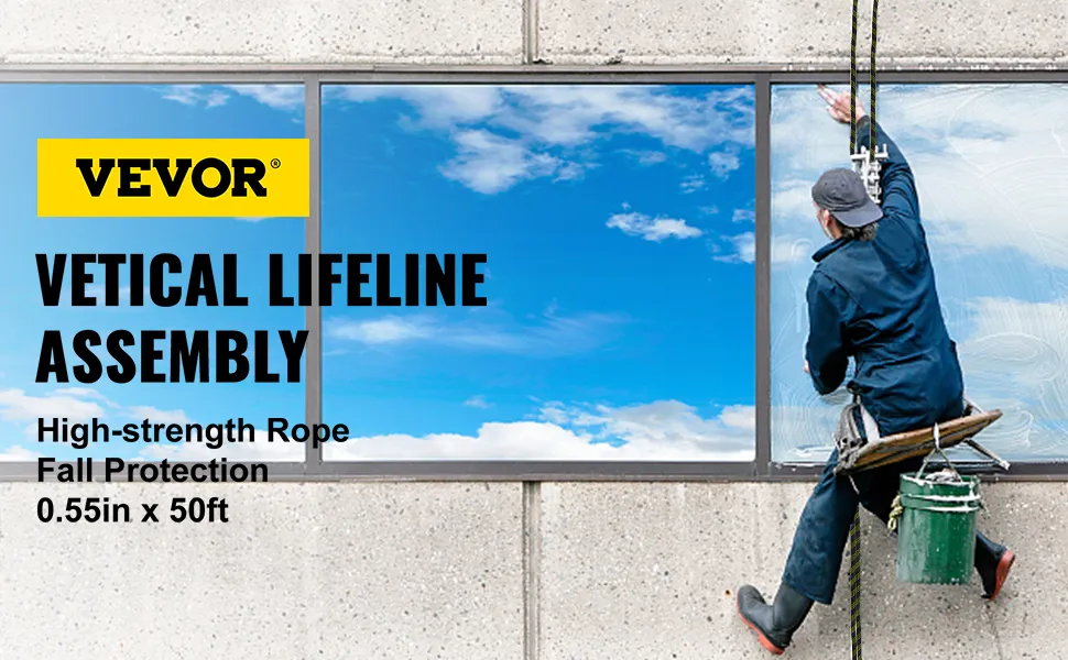 worker using VEVOR fall protection rope while cleaning windows on a building.