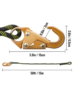 VEVOR fall protection rope with a durable hook, measuring 50ft/15m length.