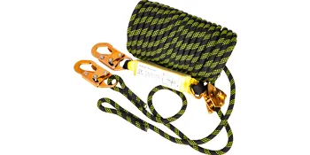 yellow and black VEVOR fall protection rope with carabiner clips and safety hardware.