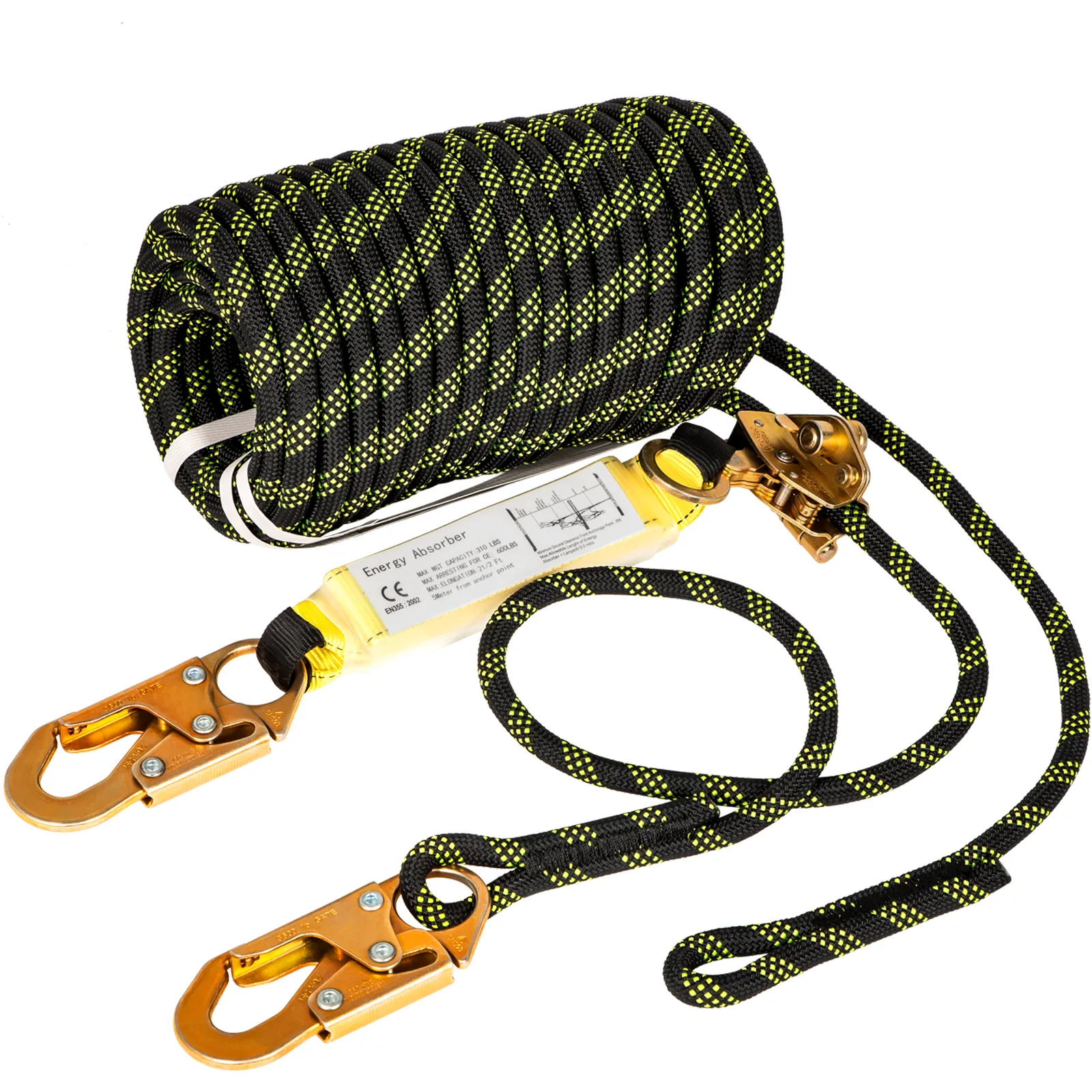coiled VEVOR fall protection rope with hooks and energy absorbing lanyard.
