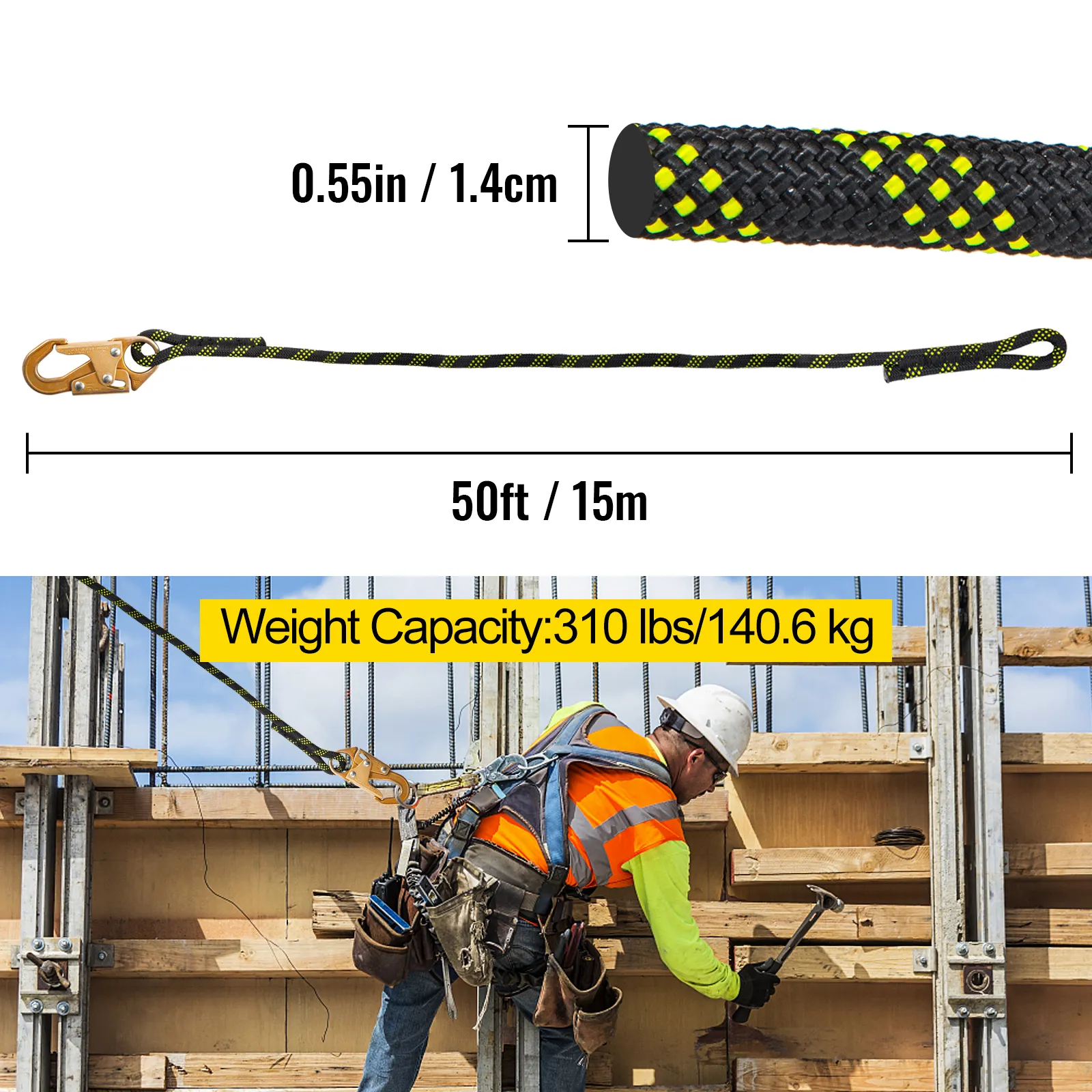 VEVOR fall protection rope, 50ft, 0.55in diameter, 310 lbs weight capacity.