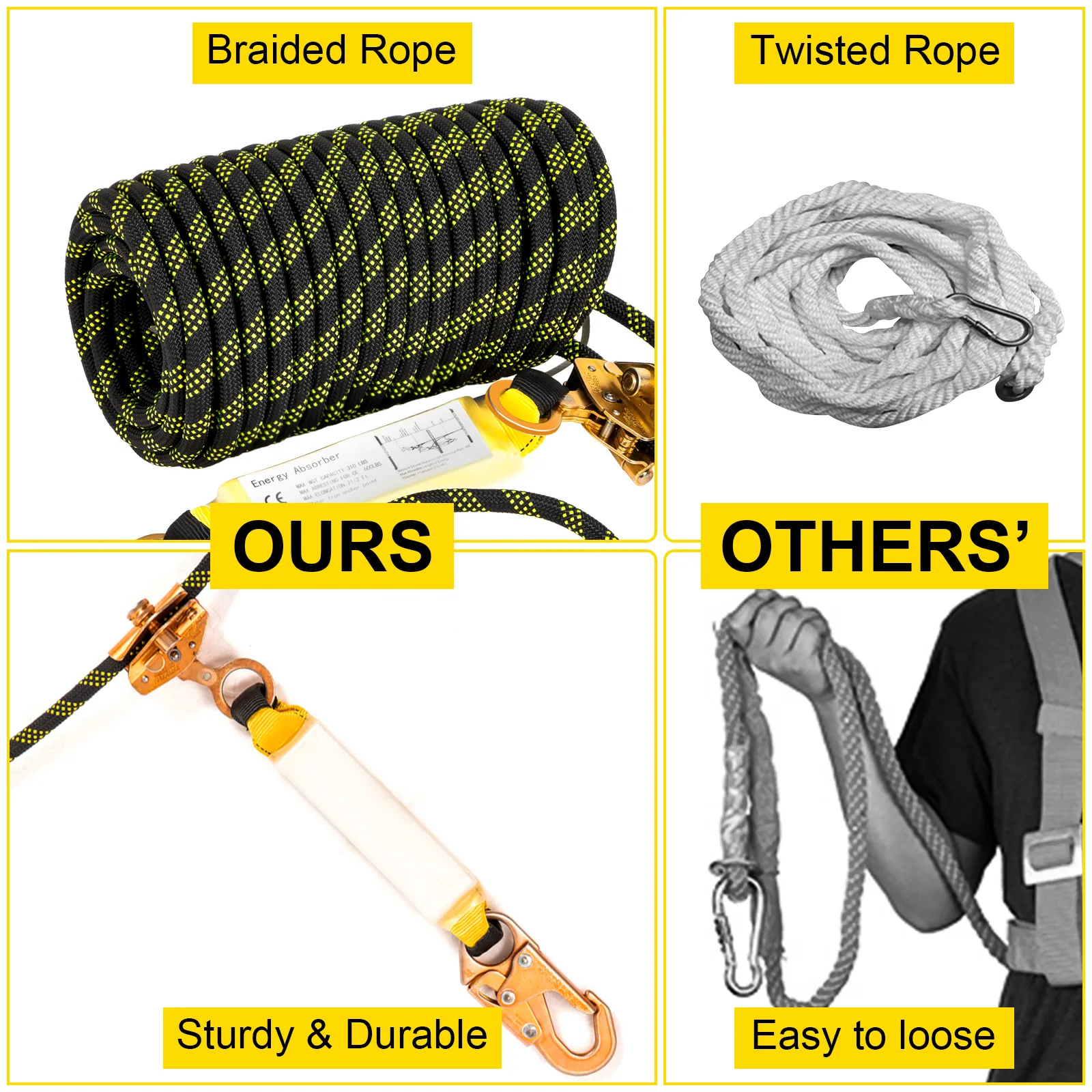 VEVOR fall protection rope: braided for durability vs. twisted easy to loose alternatives.