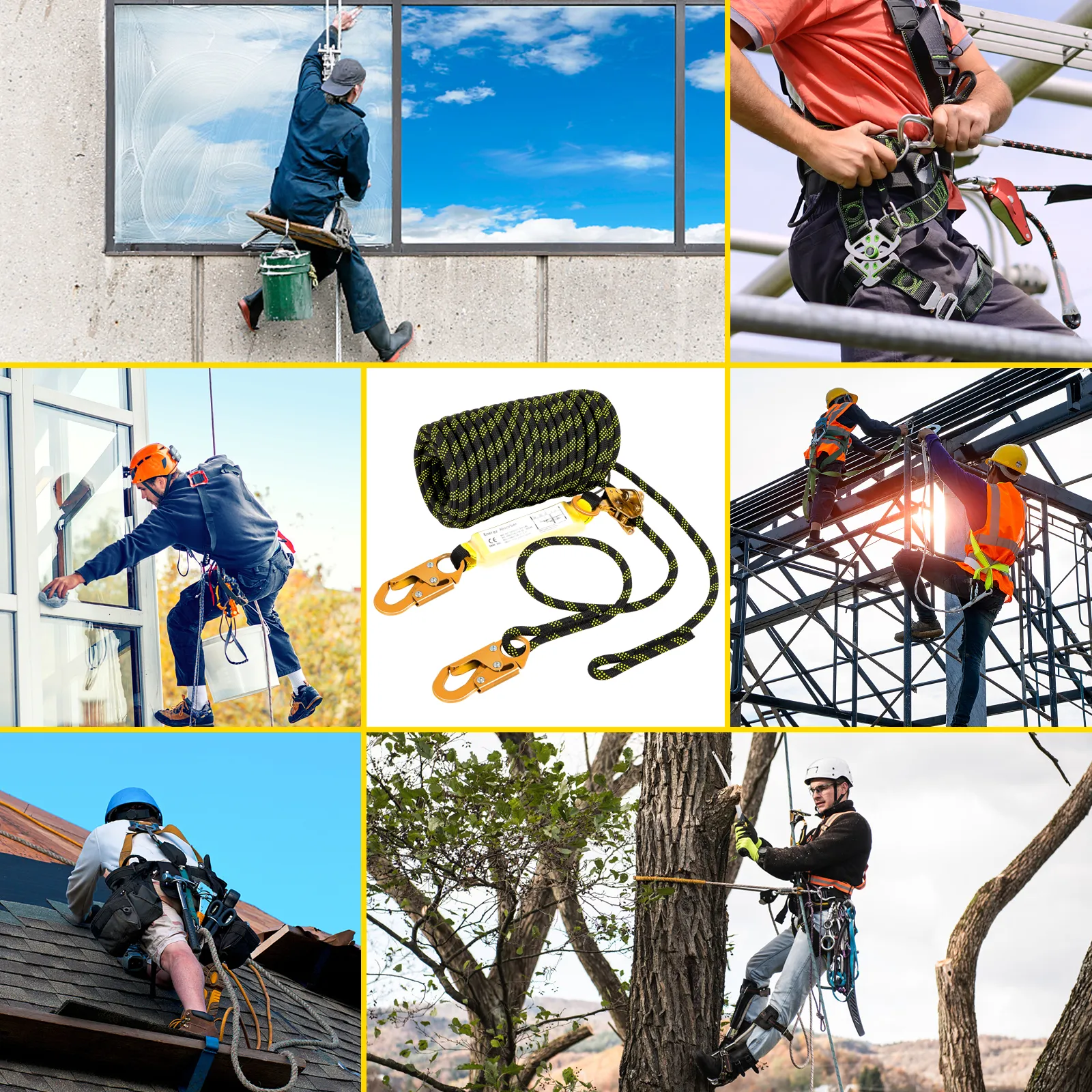 various workers using VEVOR fall protection rope in different high-altitude settings.