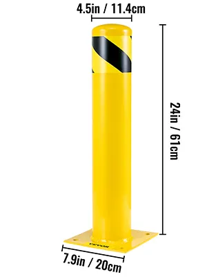 yellow VEVOR safety bollard, 24in tall with black stripes, 7.9in base diameter.