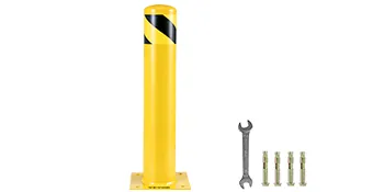 yellow VEVOR safety bollard with black stripes, wrench, and mounting bolts.