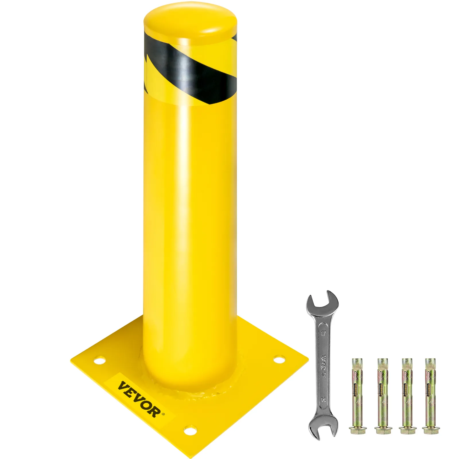 yellow VEVOR safety bollard with installation tools and anchors.