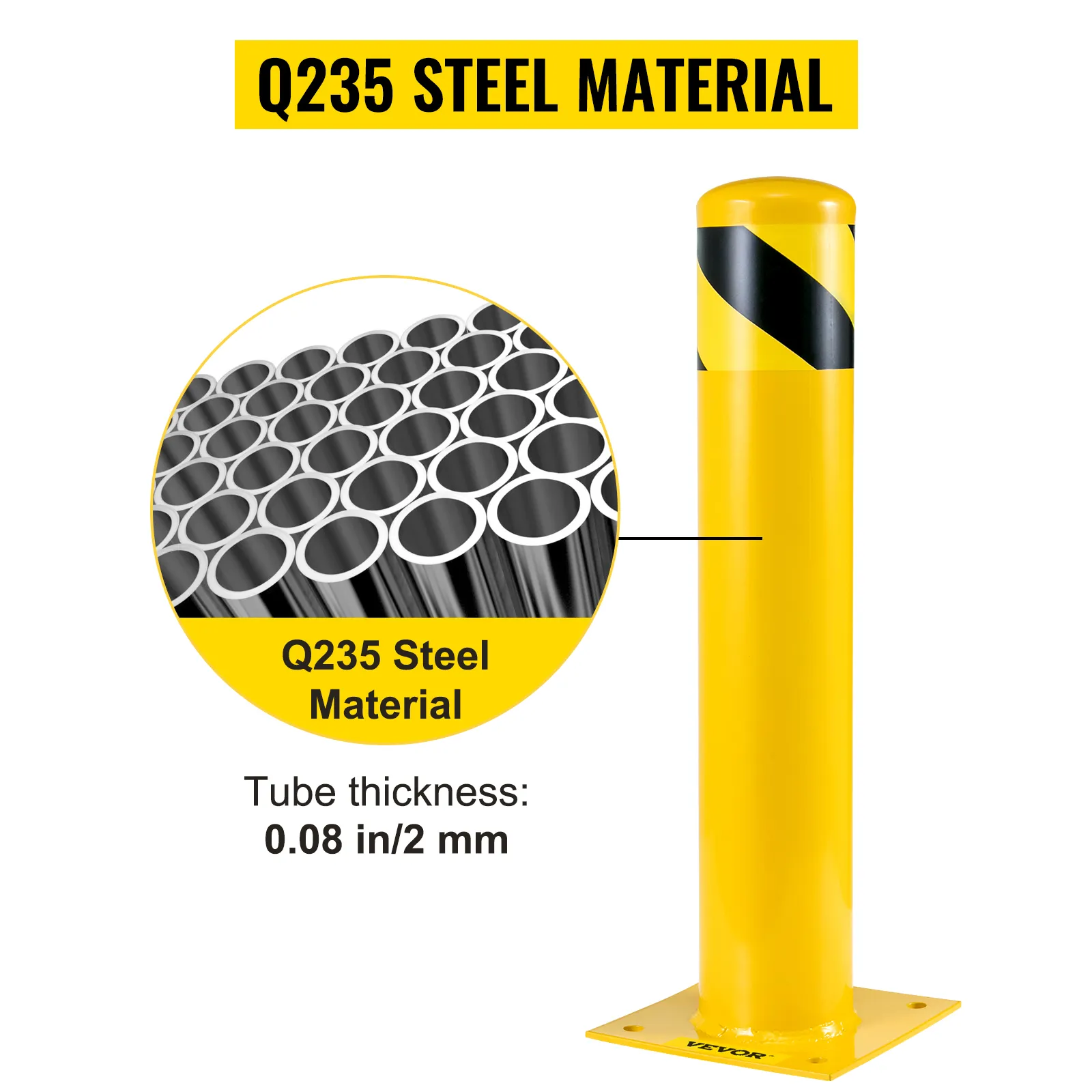 VEVOR safety bollard, q235 steel, 0.08 in thick, with black and yellow stripes.