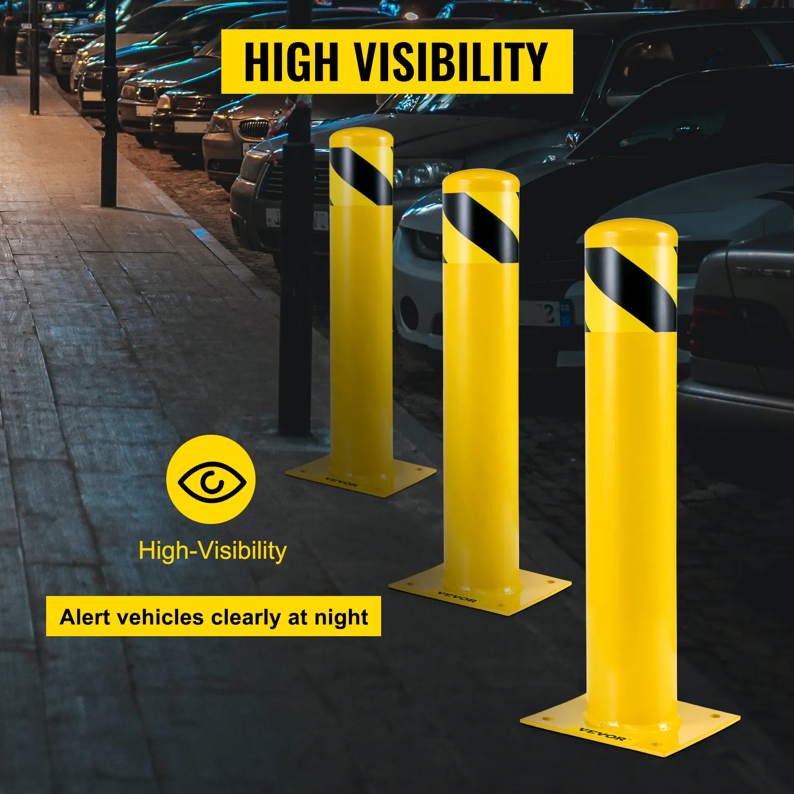 yellow VEVOR safety bollard with high visibility, ensuring night-time vehicle alerts.