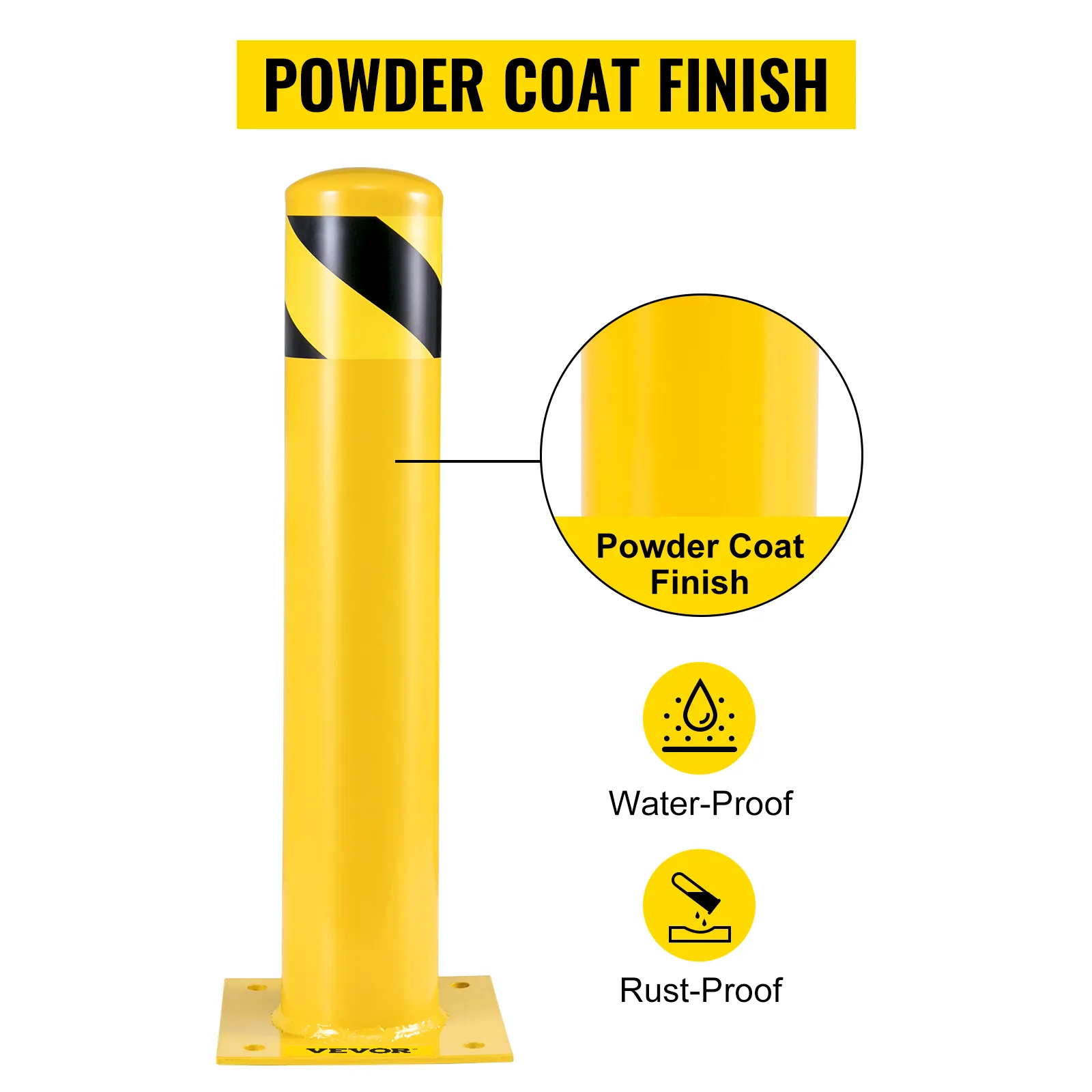 VEVOR safety bollard, powder coat finish, yellow, waterproof, rust-proof.