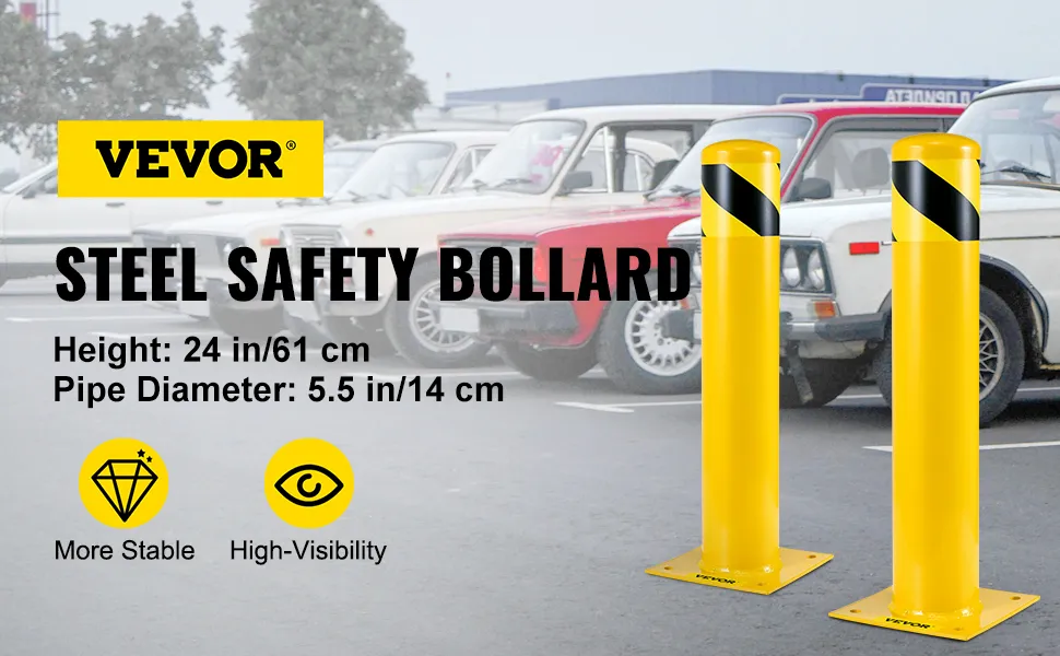 Bolardo de seguridad VEVOR: bolardos de acero de color amarillo en un aparcamiento con coches antiguos.