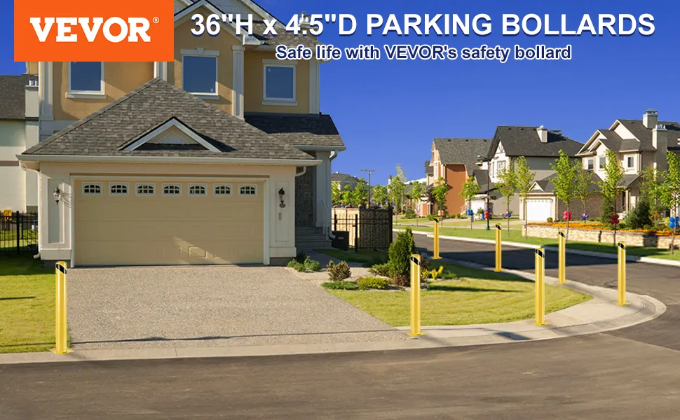 front yard with VEVOR safety bollard on driveway and street in suburban neighborhood.