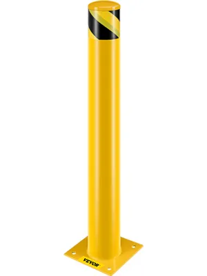 Bolardo de seguridad VEVOR de color amarillo con rayas negras, montado sobre base cuadrada.