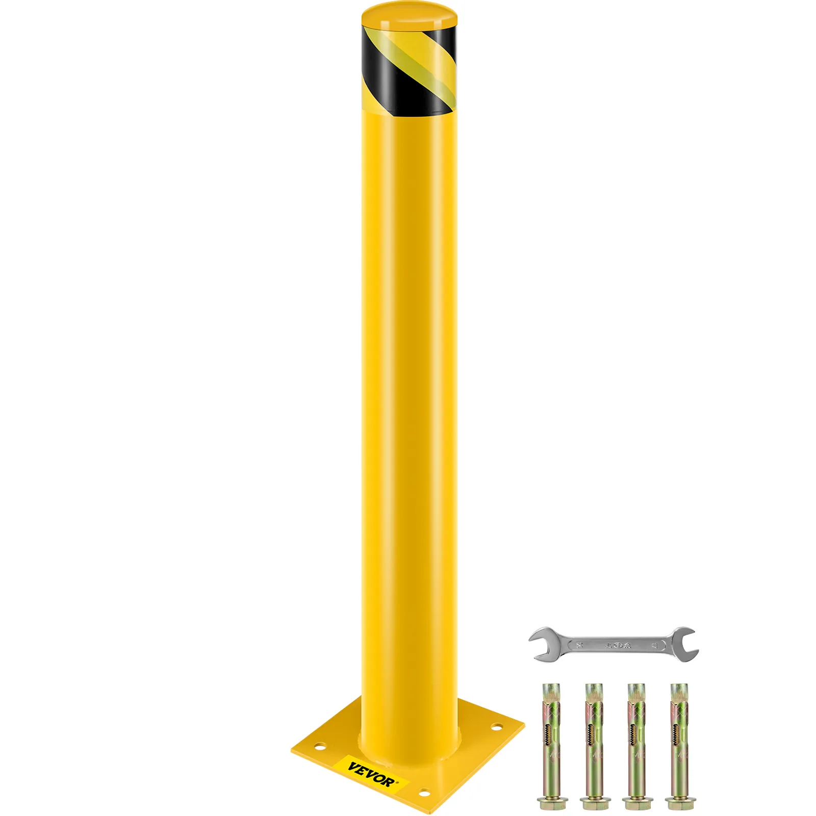 Bolardo de seguridad VEVOR amarillo con franja negra, incluye pernos y llave.