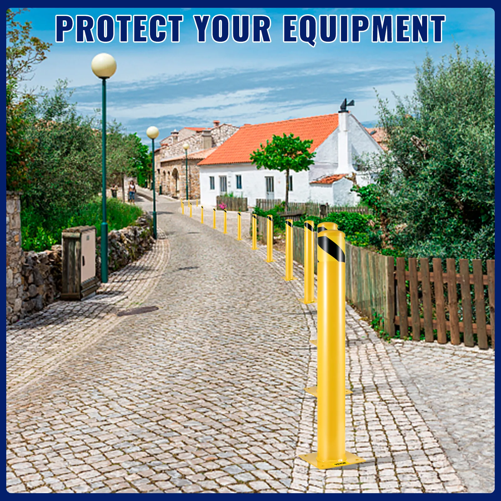 VEVOR safety bollard protecting a cobblestone pathway in a quaint village setting.