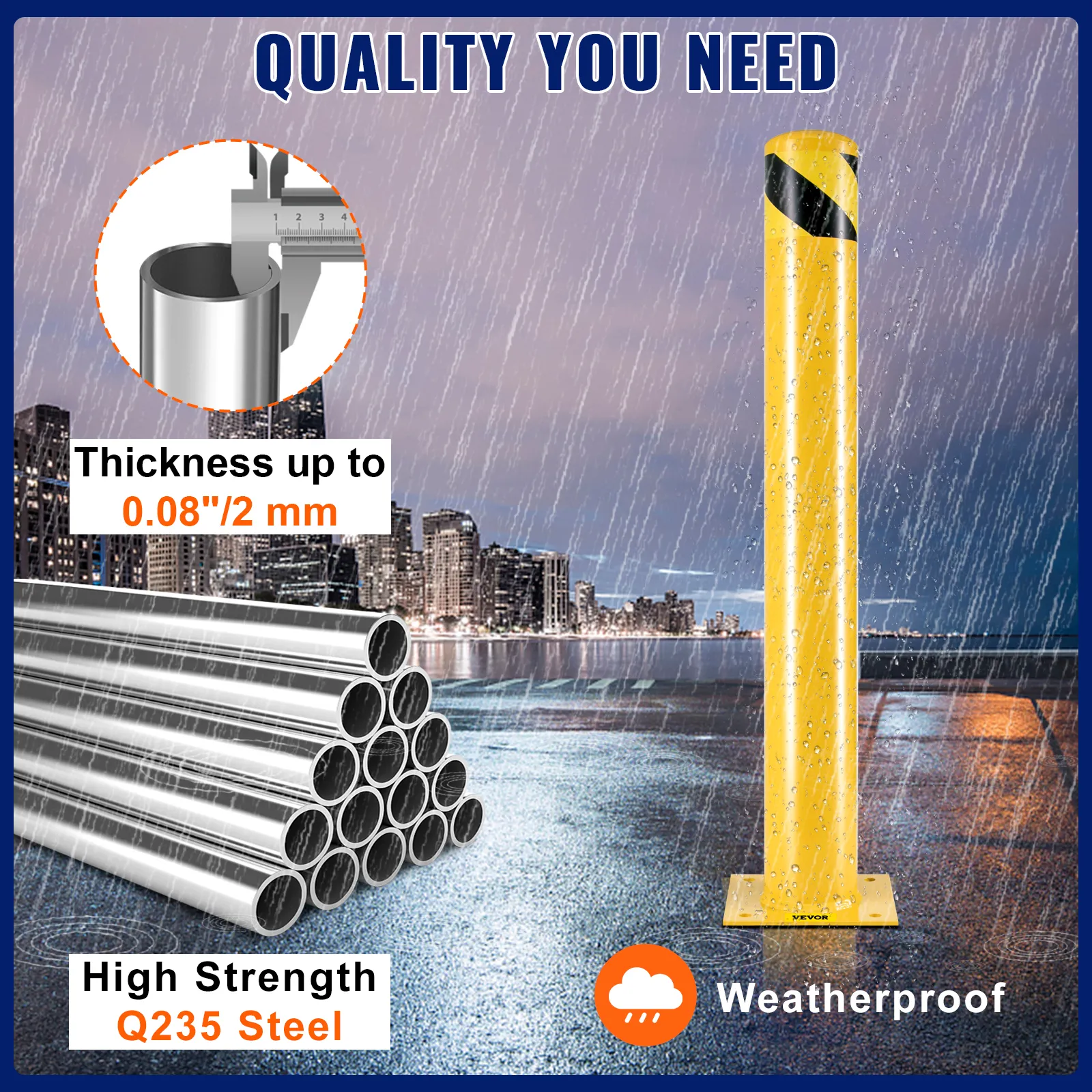 VEVOR safety bollard, high strength q235 steel, 0.08"/2mm thickness, weatherproof.