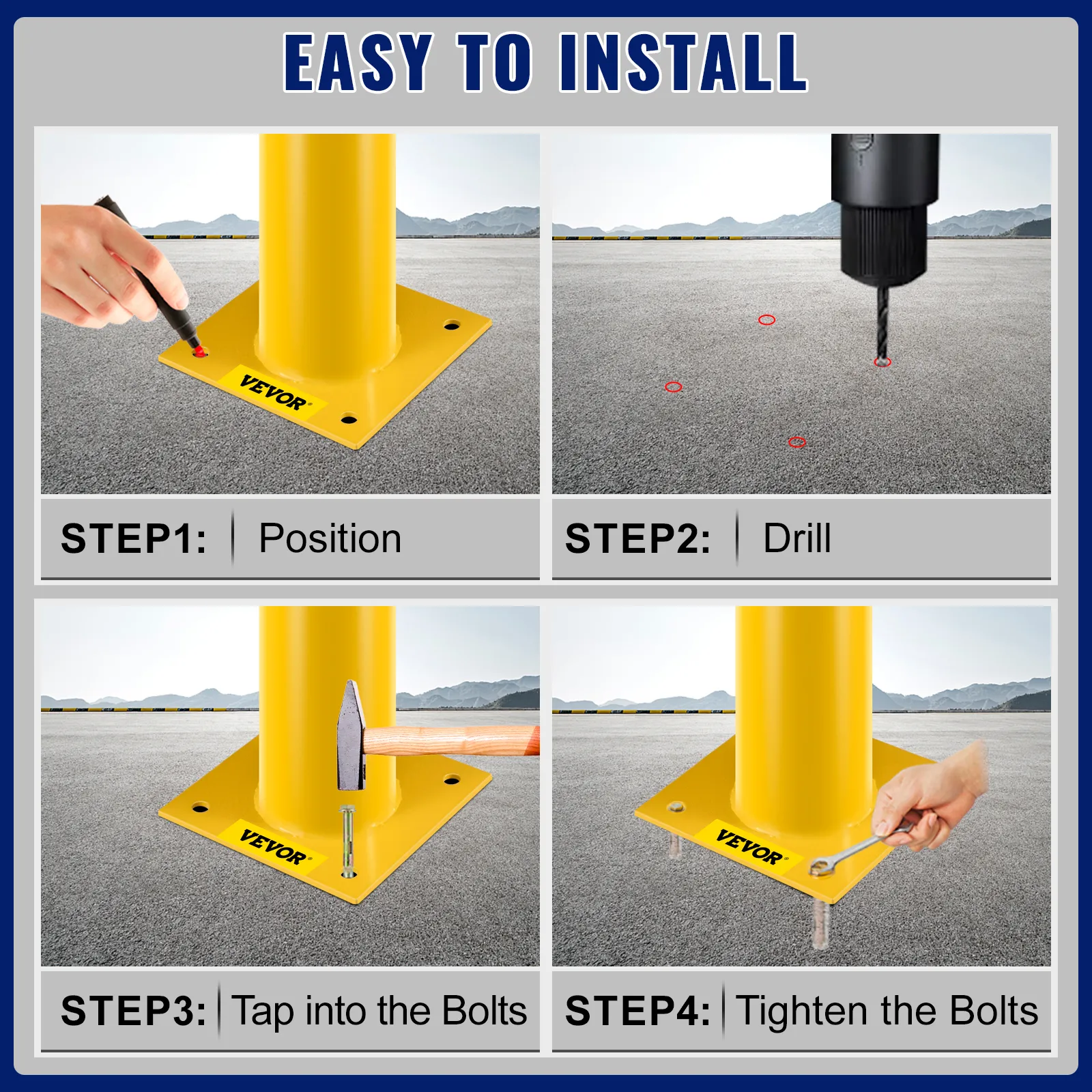 VEVOR safety bollard installation guide: position, drill, tap bolts, tighten bolts.