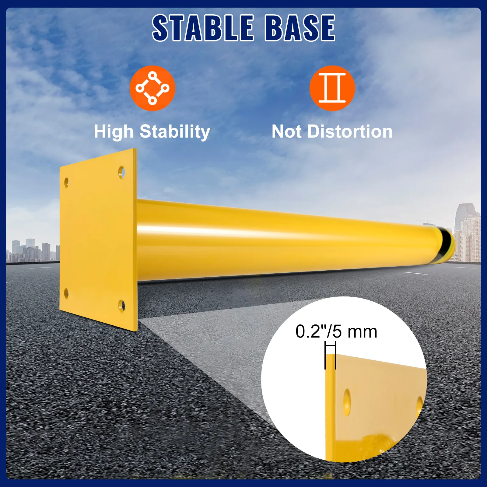 VEVOR safety bollard with a stable yellow base, highlighting stability and no distortion.