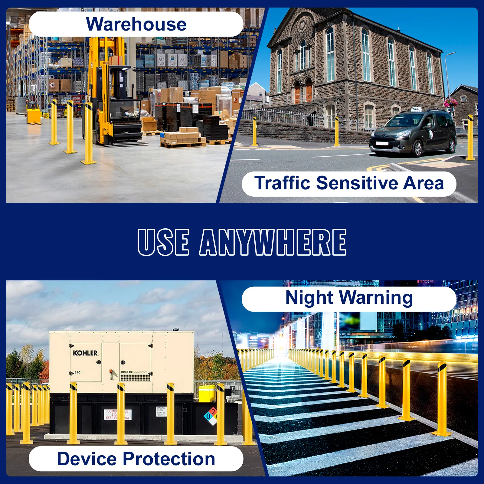 VEVOR safety bollard uses in warehouse, traffic areas, device protection, night warning.