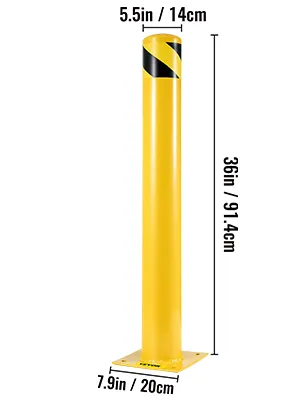 yellow VEVOR safety bollard, 36in height, 5.5in top, black stripes, mounted base.