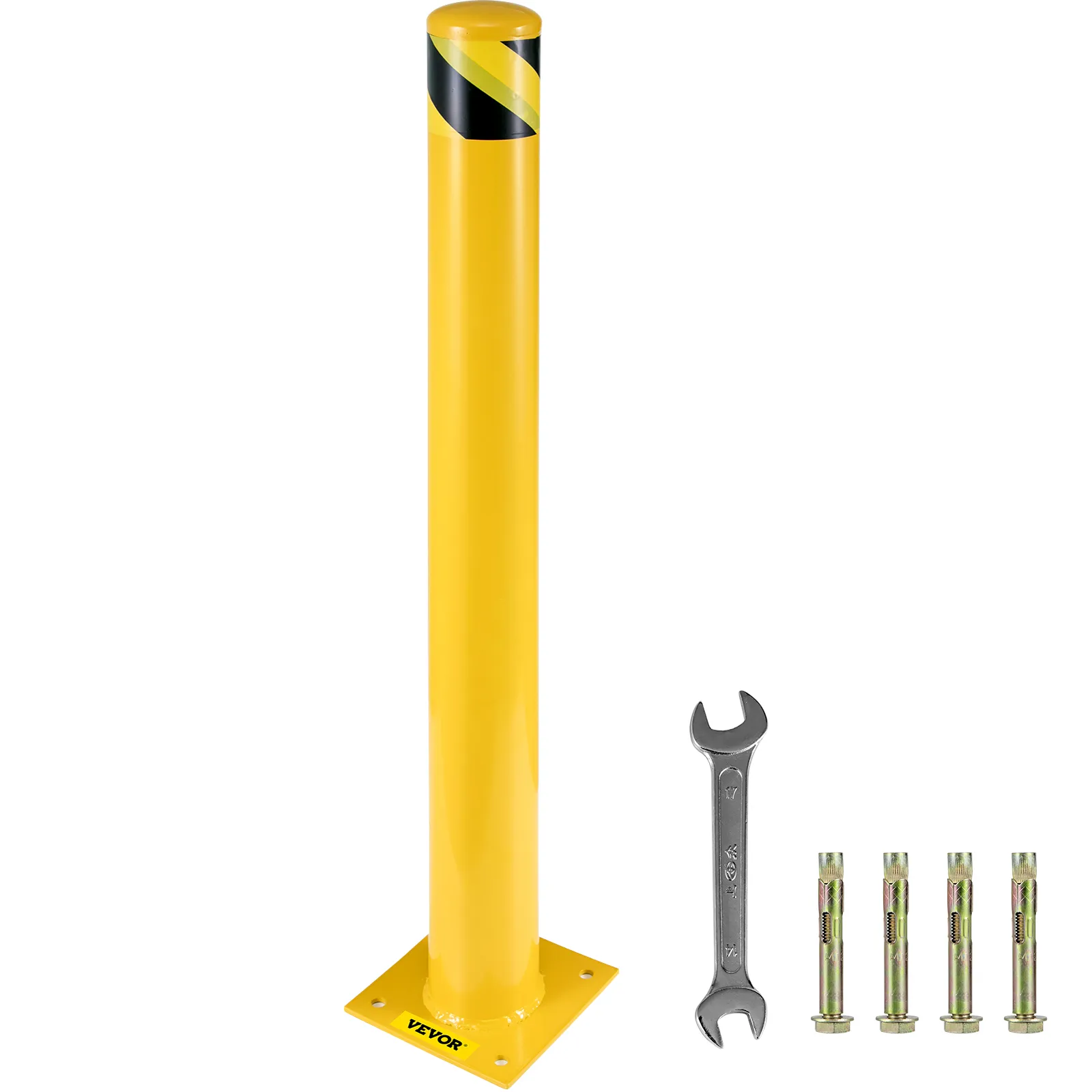 yellow VEVOR safety bollard with installation tools and anchor screws.