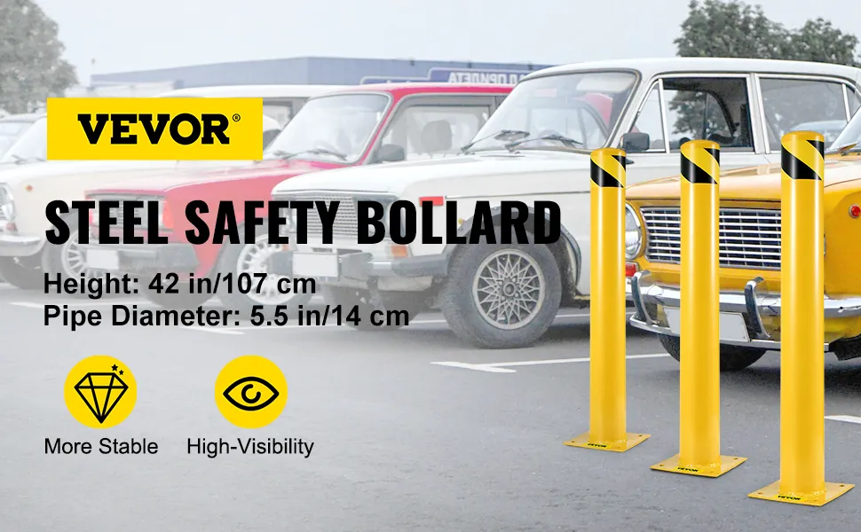 VEVOR safety bollard in front of parked cars, highlighting stability and high visibility.