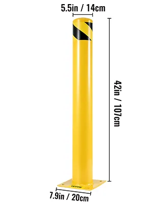 yellow VEVOR safety bollard with height and base dimensions.