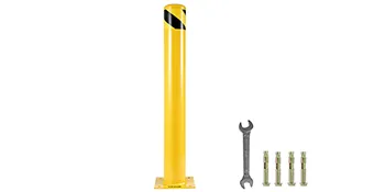 yellow VEVOR safety bollard with black stripes, wrench, and bolts on white background.
