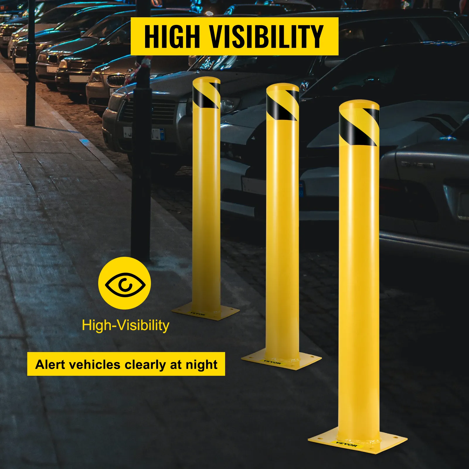 three yellow VEVOR safety bollards in a dimly lit parking area with high visibility signs.