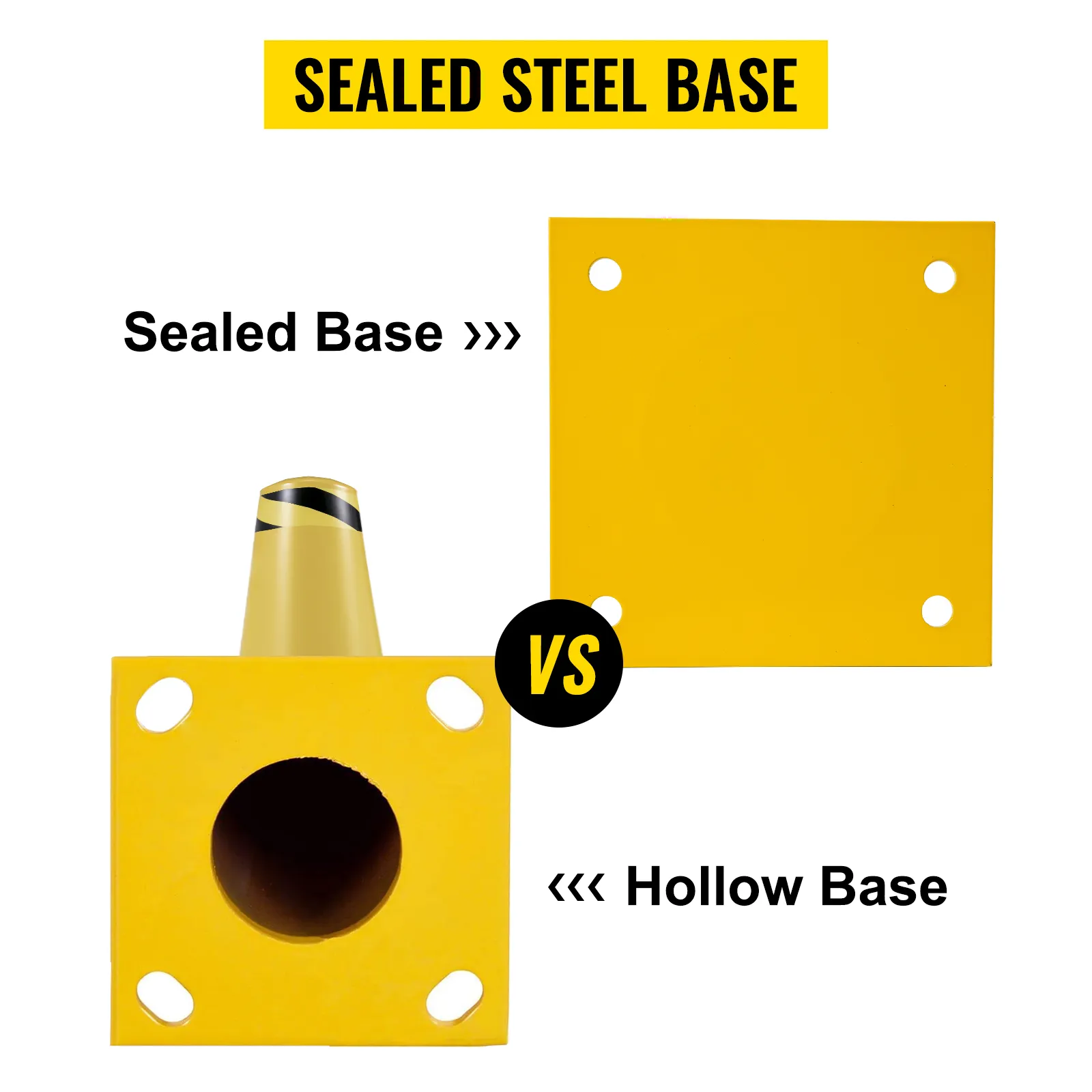 yellow VEVOR safety bollard with sealed steel base vs hollow base comparison.