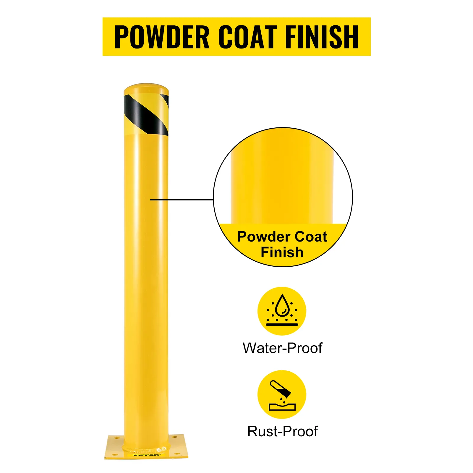 VEVOR safety bollard with powder coat finish, water-proof, and rust-proof.