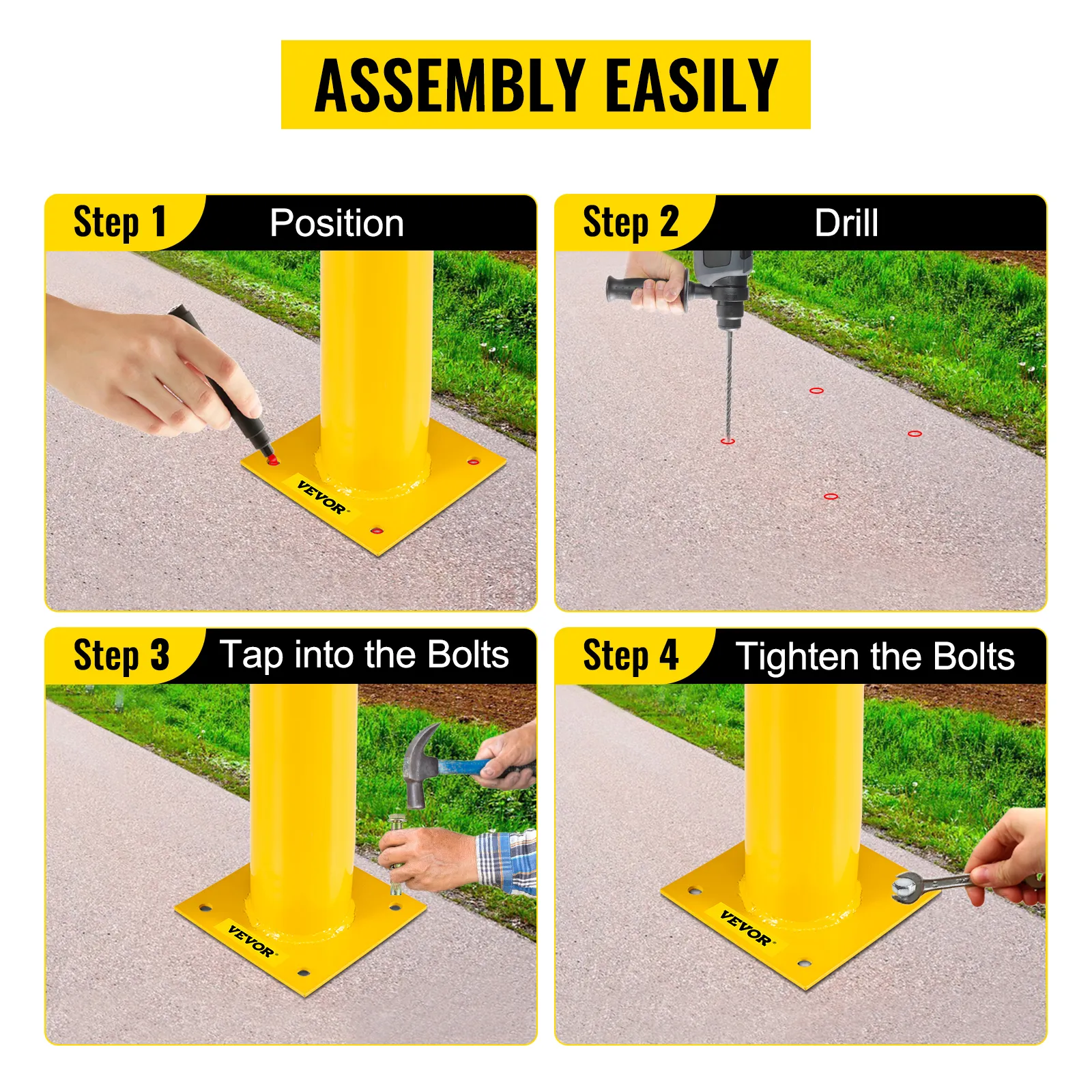 VEVOR safety bollard installation steps: position, drill, tap bolts, tighten bolts.